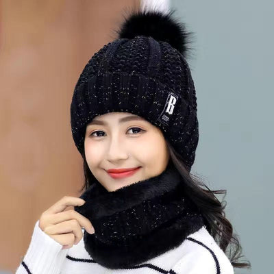 2 Pcs Branded Beanie Hat Scarf Set Women's Winter Warm Knitted With Fleece Lining