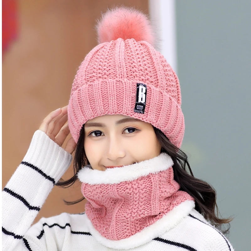 2 Pcs Branded Beanie Hat Scarf Set Women's Winter Warm Knitted With Fleece Lining