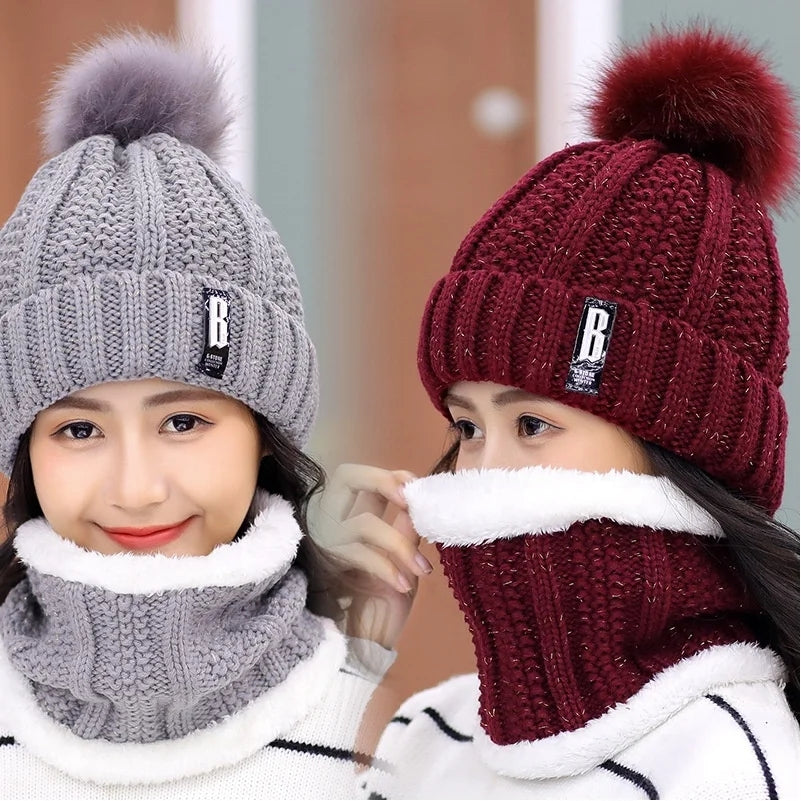 2 Pcs Branded Beanie Hat Scarf Set Women's Winter Warm Knitted With Fleece Lining