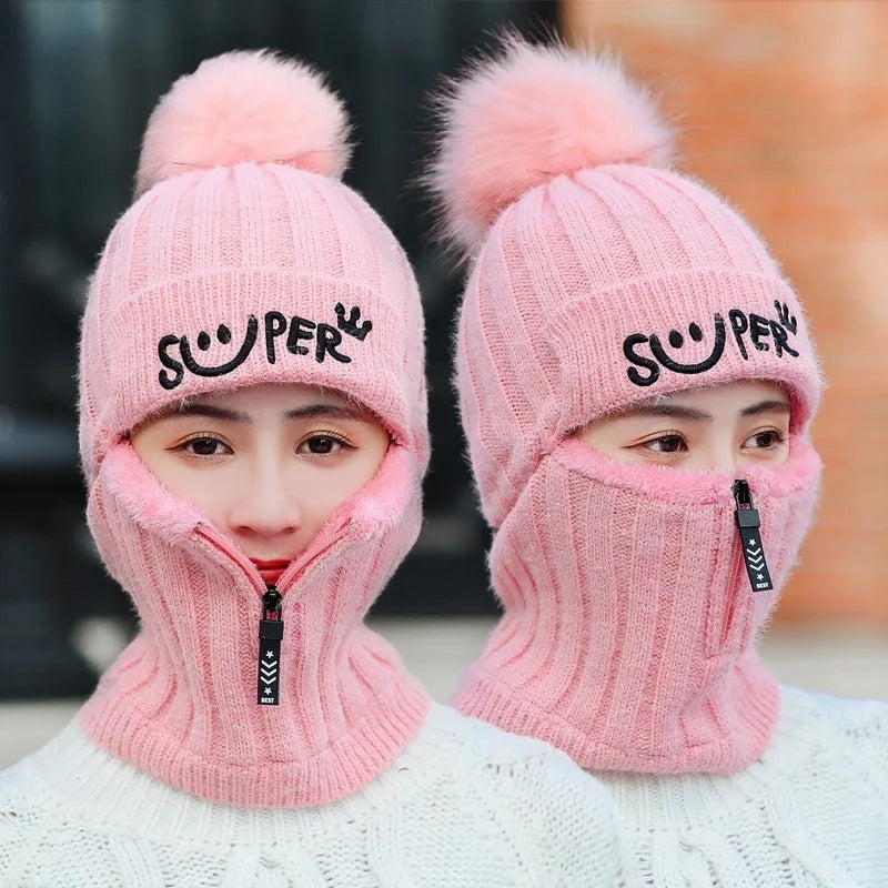 Girls Winter Knitted Warm Beanie Face Cover Neck Warmer