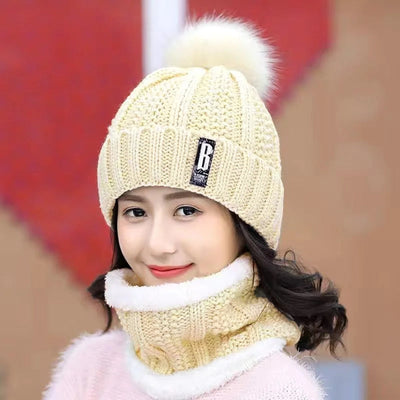 2 Pcs Branded Beanie Hat Scarf Set Women's Winter Warm Knitted With Fleece Lining