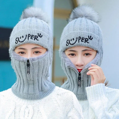 Girls Winter Knitted Warm Beanie Face Cover Neck Warmer