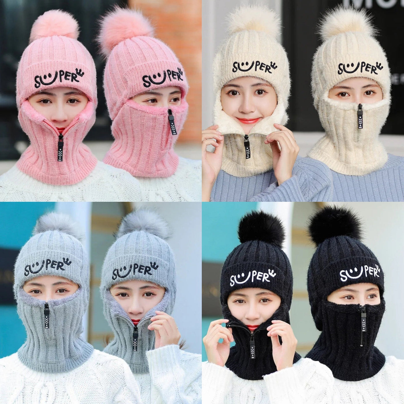 Girls Winter Knitted Warm Beanie Face Cover Neck Warmer