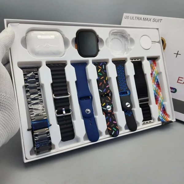 i20 Ultra Max Suit Smartwatch & Earbuds Combo – 10-in-1 Set with 7 Stylish Straps